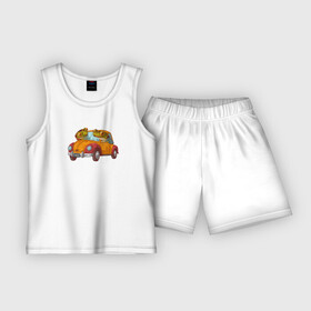 Детская пижама с шортами хлопок с принтом Лягухи на ретро автомобиле в Тюмени,  |  | frog | автомобиль | жаба | лягуха | лягушка | ретро