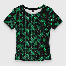 Женская футболка 3D Slim с принтом Геометрический узор, зеленые фигуры на черном в Тюмени,  |  | abstract | black | geometric | geometric pattern | green | green and black | polygons | shapes | striped | stripes | абстрактный | геометрический | геометрический узор | зеленый | зеленый и черный | многоугольники | полосатый | полосы | фигуры