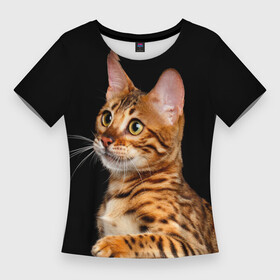 Женская футболка 3D Slim с принтом Бенгальский котёнок на чёрном фоне в Тюмени,  |  | bengal | cat | cats | kitty | бенгал | бенгальская | бенгальская кошка | бенгальские | бенгальский | кот | котёнок | котята | кошка | леопард | леопардовая | леопардовый