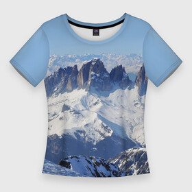 Женская футболка 3D Slim с принтом Гряда снежных вершин в Тюмени,  |  | glacier | mountains | nature | rocks | sky | snow | горы | ледник | небо | природа | скалы | снег