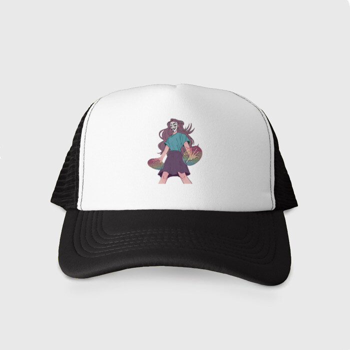 Кепка тракер с сеткой Девушка супергерой в маске анонимуса с Pop-it фото